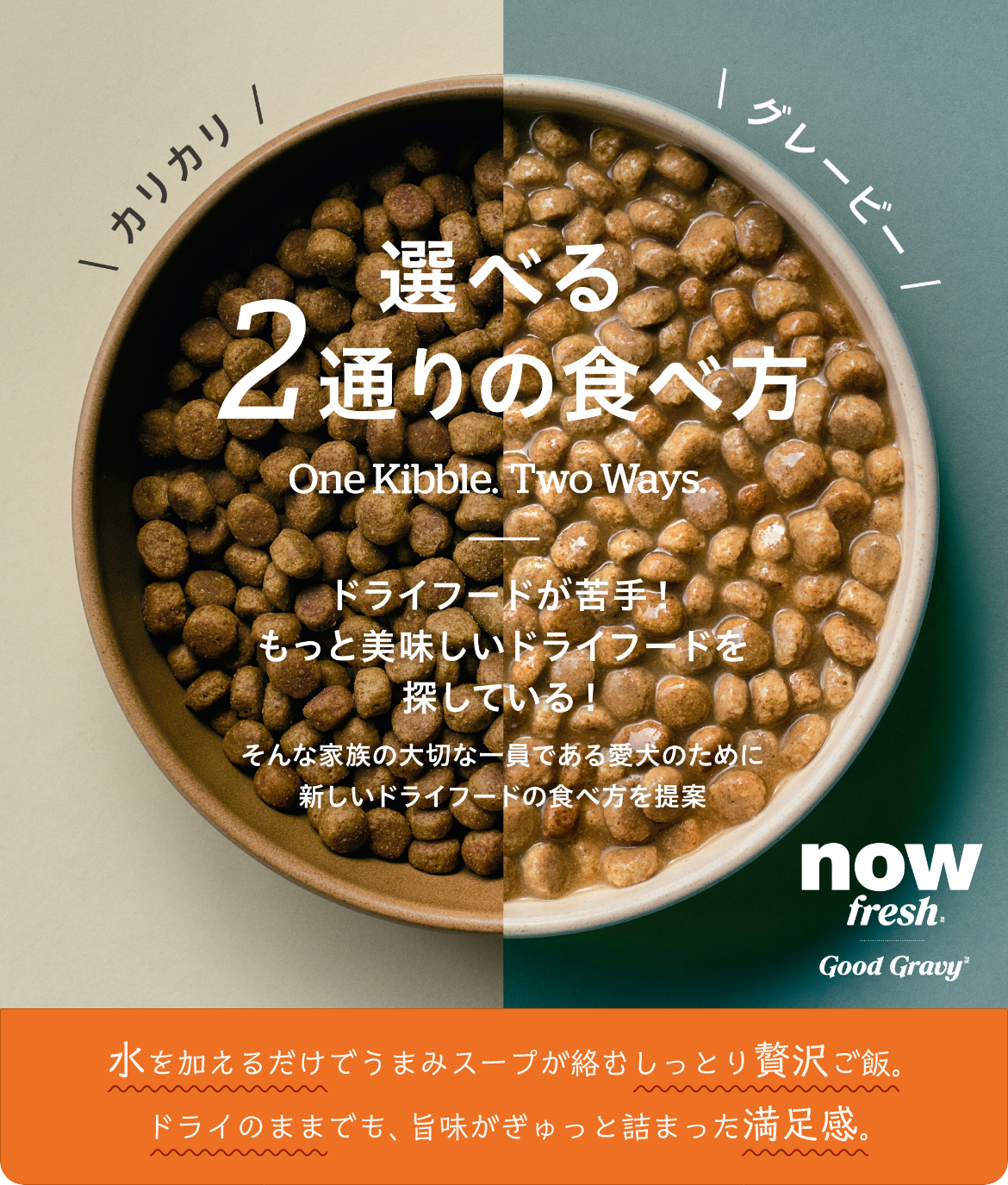 カリカリ　グレービー　選べる2通りの食べ方　ドライフードが苦手！もっと美味しいフード探してる！そんな家族の大切な一員のために新しいドライフードの食べ方を提案　水を加えるだけでうまみスープが絡むしっとり贅沢ご飯。ドライのままでも、旨味がぎゅっと詰まった満足感。